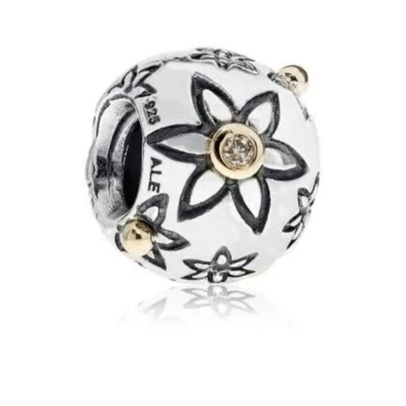 Pandora 14k Gold And Silver Flower Power charm w/ natural DIAMONDS RARE - Picture 2 of 7